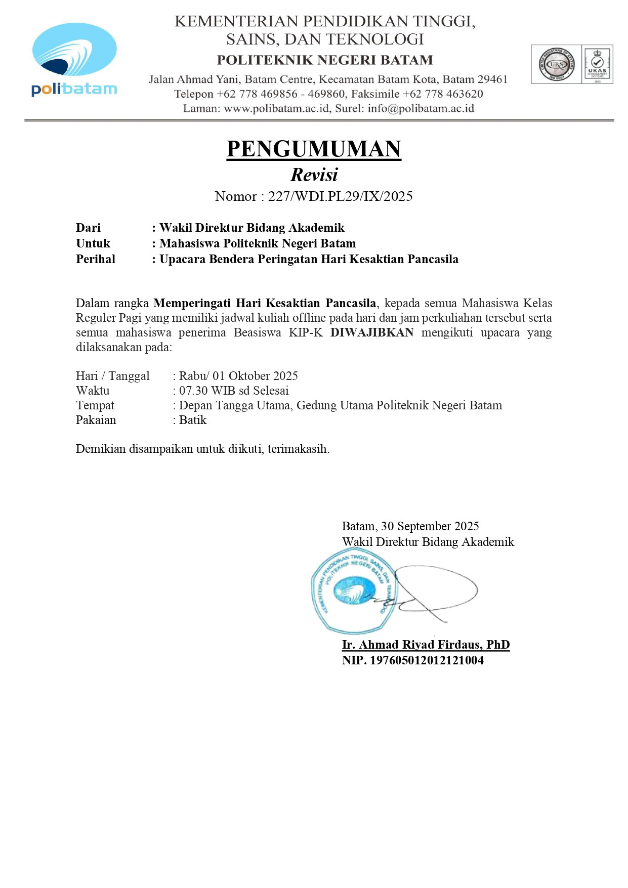 Attachment Pengumuman WD I tentang Upacara Memperingati Hari Kesaktian Pancasila 1 Oktober 2025 revisi (1)_page-0001.jpg